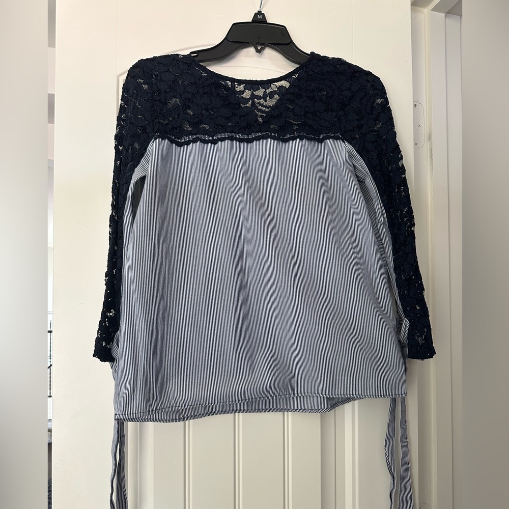 Zara Black and Gray Lace Tie Front Blouse